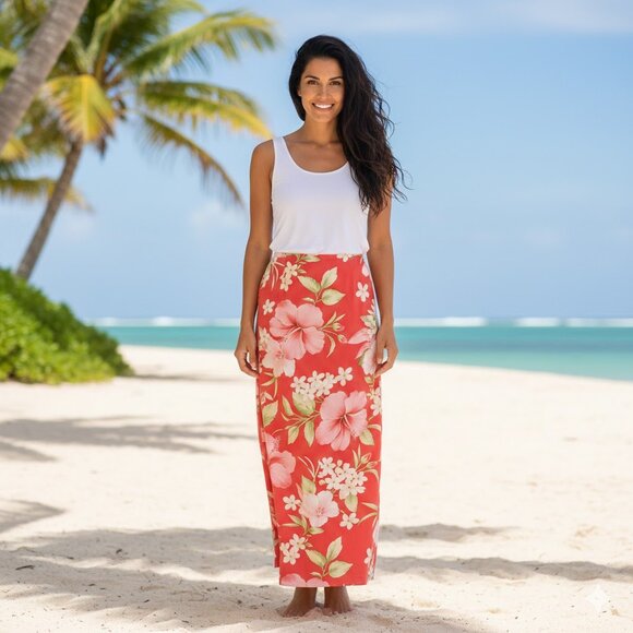 Talbots vintage pink floral Hibiscus 100% silk faux wrap Hawaiian maxi skirt 14 - Picture 1 of 7